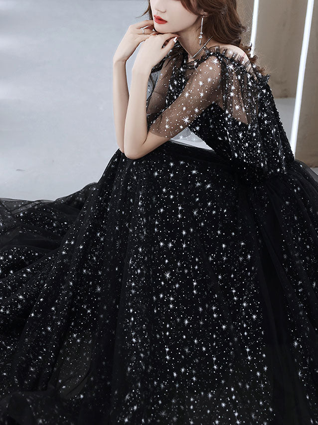Black Tulle Off Shoulder Tulle Long Prom Dress Black Evening Dress