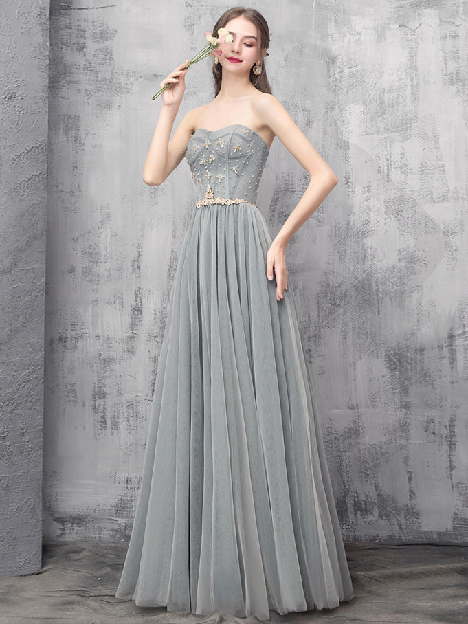 Gray A-line Tulle Long Prom Dress Gray A-line Formal Evening Dress – shopluu