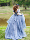 Blue Tulle V Neck Tulle Long Prom Dress, Blue Sweet 16 Dress