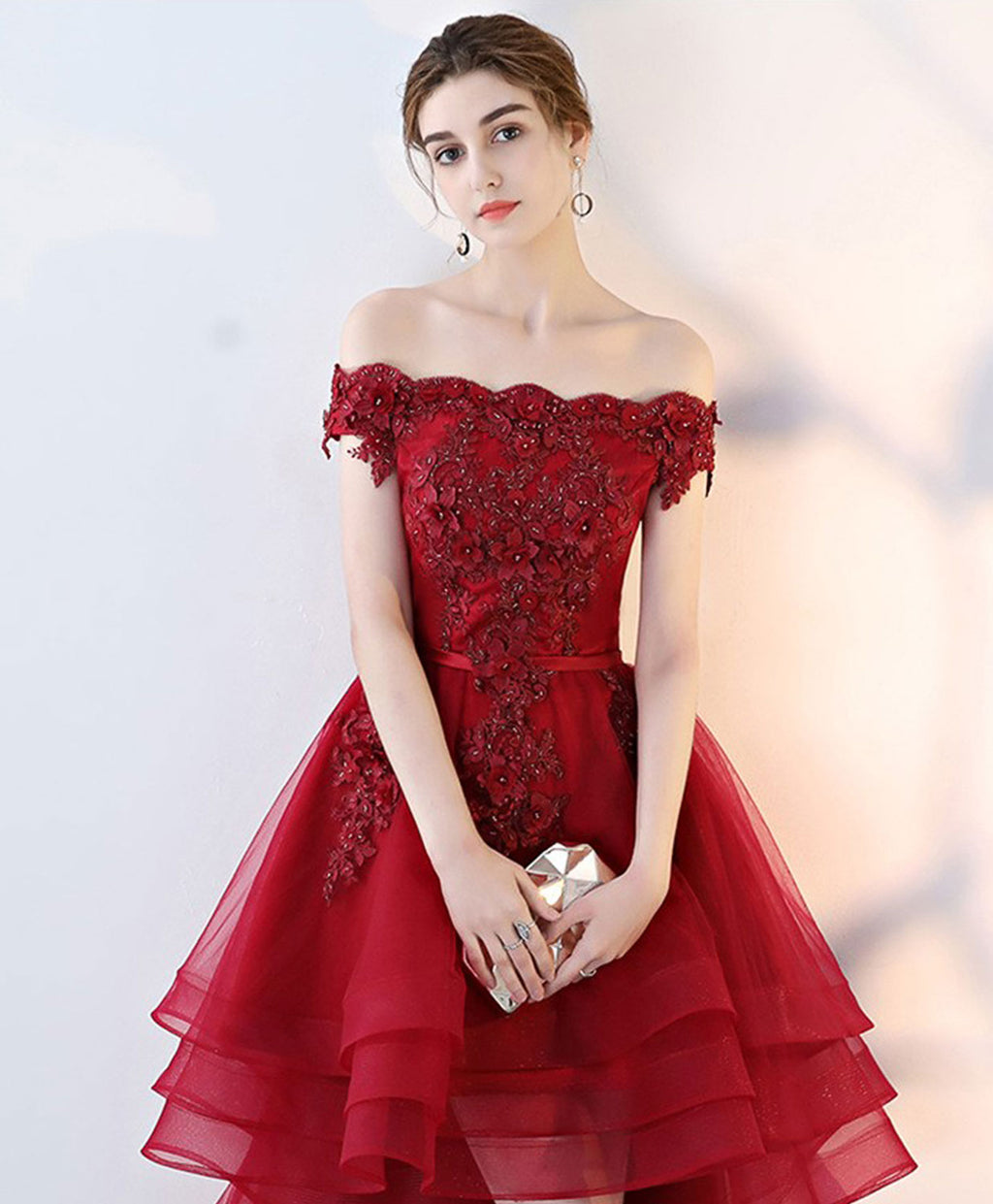 Intriguing Dark Red Lace High-low Cocktail Dress - Promfy
