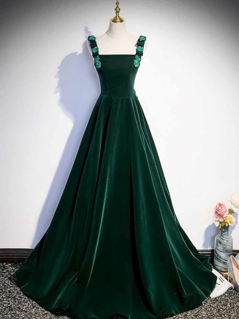 A-Line Velvet Green Long Prom Dresses, Green Formal Evening Dresses