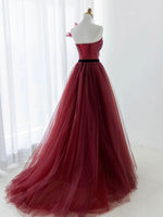 A-Line Tulle Burgundy Long Prom Dress