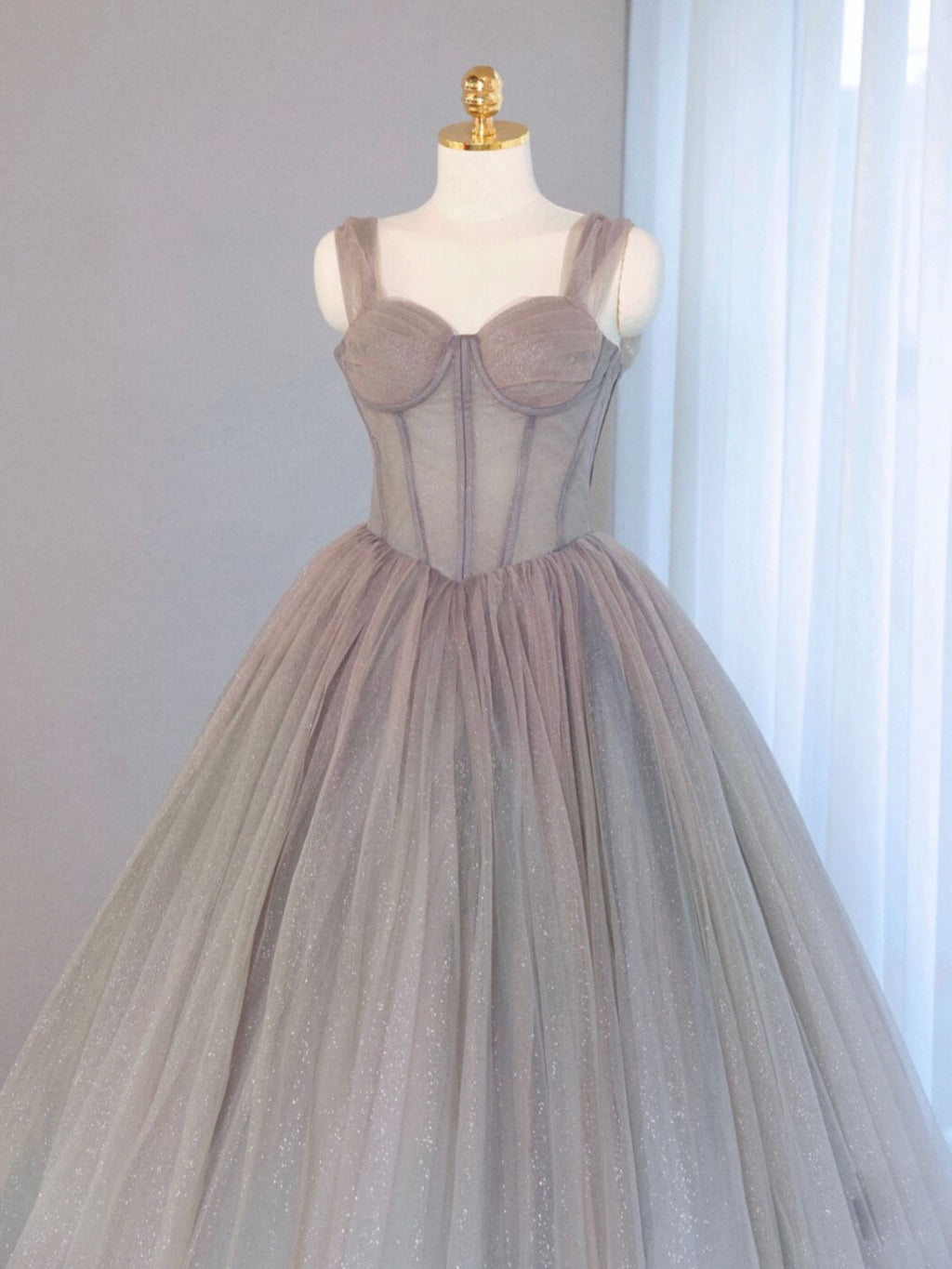 A-Line Gray Sweetheart Neck Long Prom Dresses, Gray Formal Evening Dress