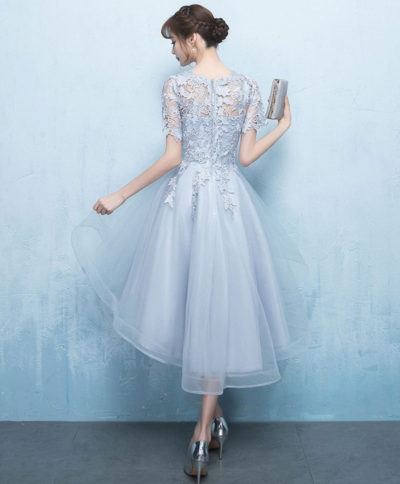 Gray Tulle Lace Applique Prom Dress, Gray Evening Dress