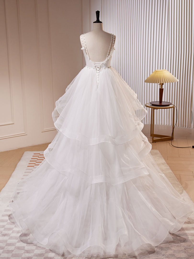 White A-Line Tulle Long Prom Dress, White Tulle Sweet 16 Dresses
