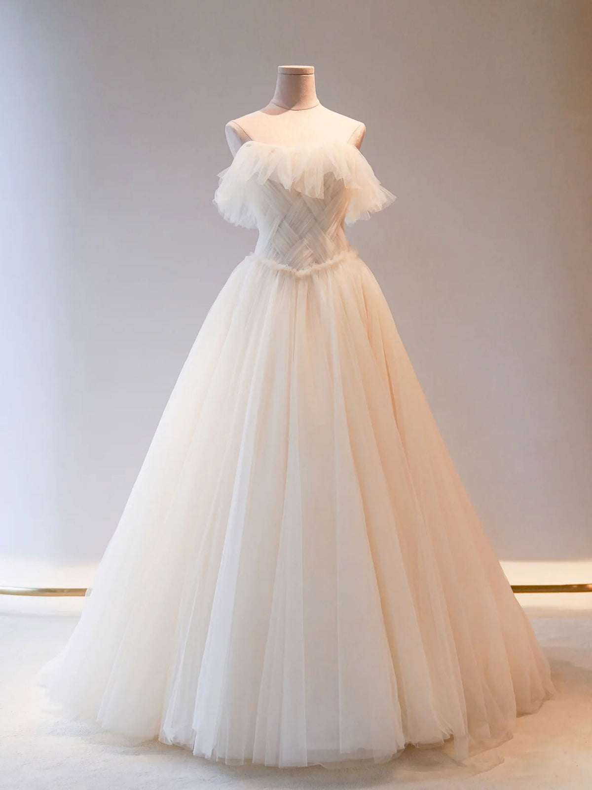 A-Line Light Champagne Tulle Long Prom Dress, Tulle Formal Wedding Party Dress