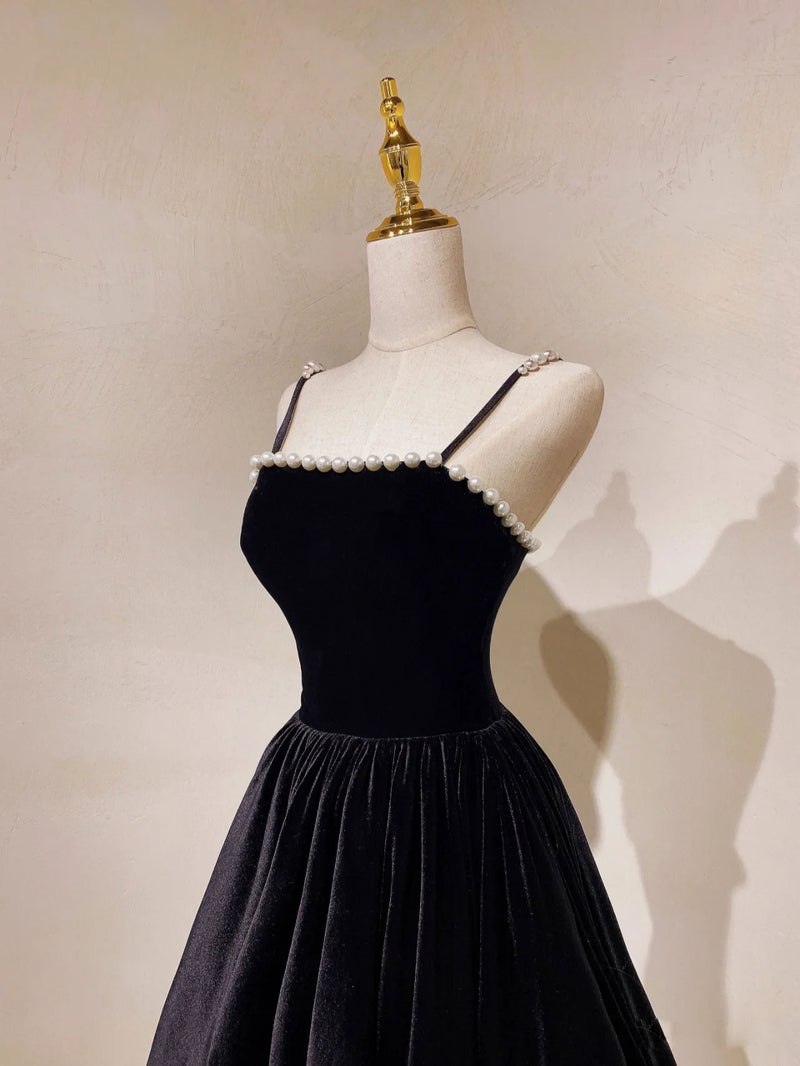 Black Velvet Pearls Long Prom Dresses, Black A-Line Evening Party Dresses US 10 / Custom Color Black Velvet Pearls Long Prom Dresses, Black A-Line Evening Party Dresses US 10 / Custom Color