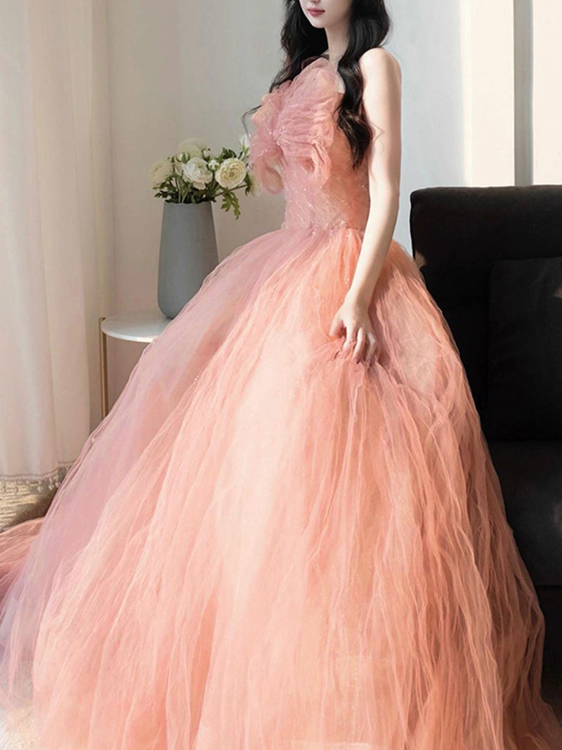 A line Pink Long Prom Dresses, Tulle Long Formal Graduation Dresses Wi shopluu A line Pink Long Prom Dresses, Tulle Long Formal Graduation Dresses Wi shopluu