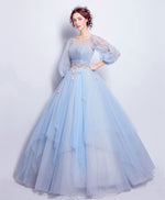 Blue Round Neck Tulle Blue Long Prom Gown, Blue Evening Dress