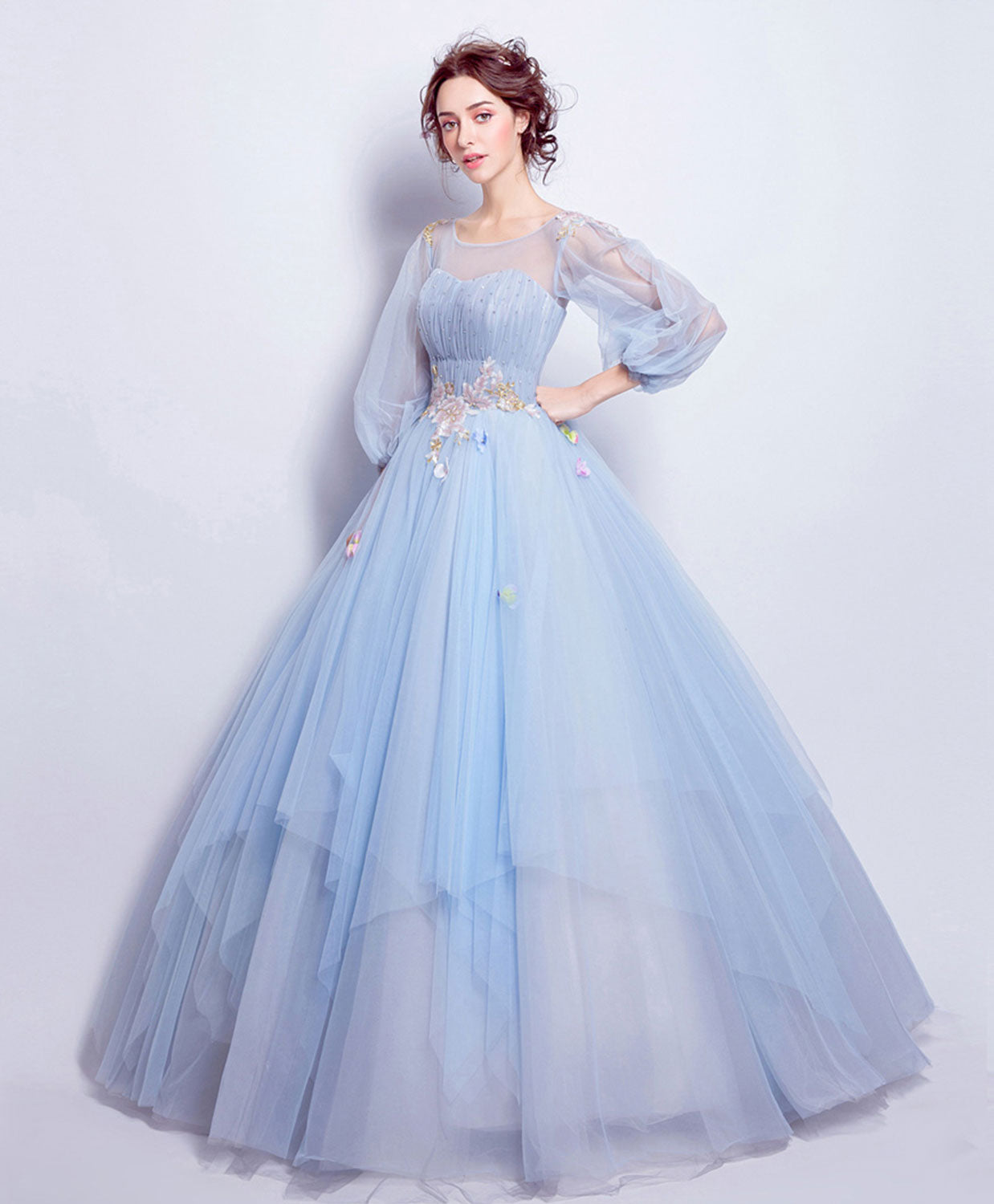 Blue Round Neck Tulle Blue Long Prom Gown, Blue Evening Dress Custom Size / Blue Blue Round Neck Tulle Blue Long Prom Gown, Blue Evening Dress Custom Size / Blue