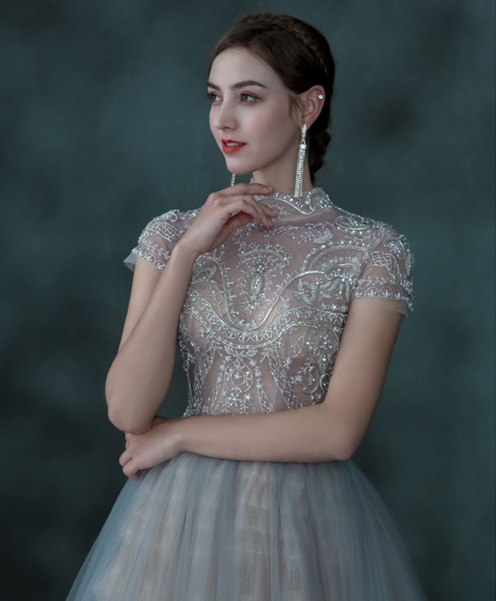 Blue Tulle Sequin Beading Long Prom Dress, Blue Aline Tulle Evening Dress