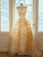 Champagne A-line Tulle Sequin Long Prom Dress, Champagne Formal Evening Dresses