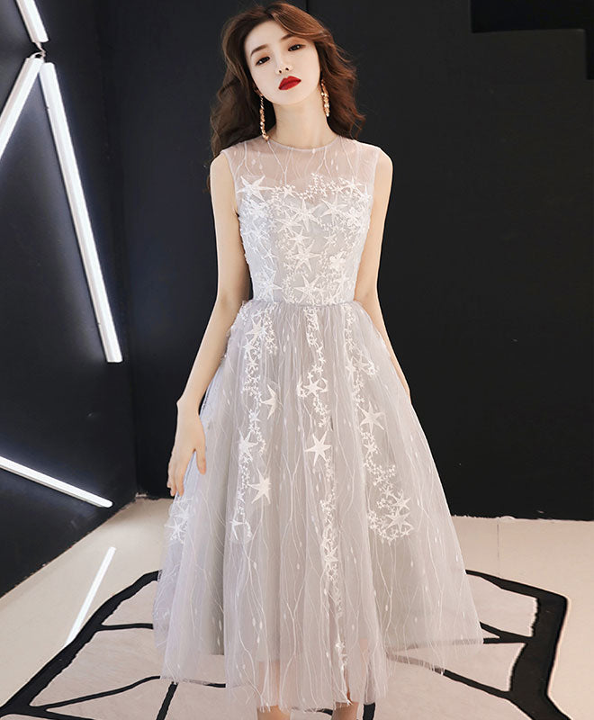 Gray Tulle Lace Short Prom Dress, Gray Homecoming Dress