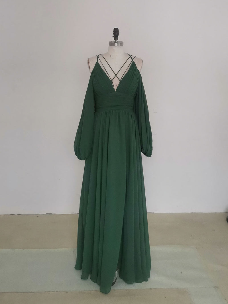 Simple A line Green Chiffon Long Prom Dress, Green Bridesmaid Dress