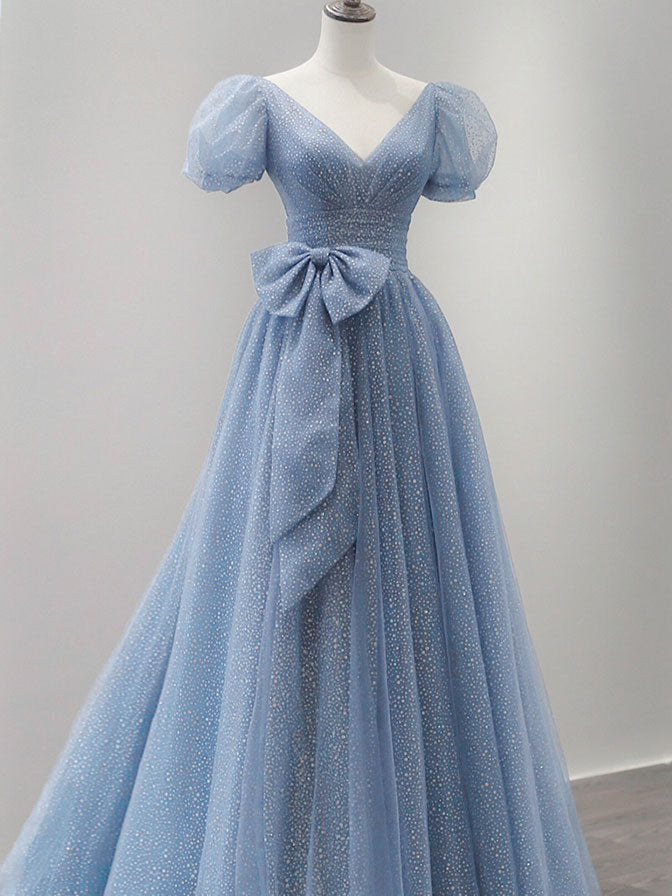 Blue Tulle V Neck Tulle Long Prom Dress, Blue Sweet 16 Dress