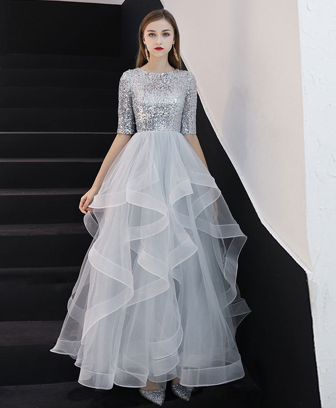 Gray Tulle Sequin Long Prom Dress, Gray Tulle Evening Dress