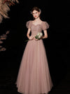 Pink A line Tulle Lace Long Prom Dress, Pink Tulle Formal Dresses