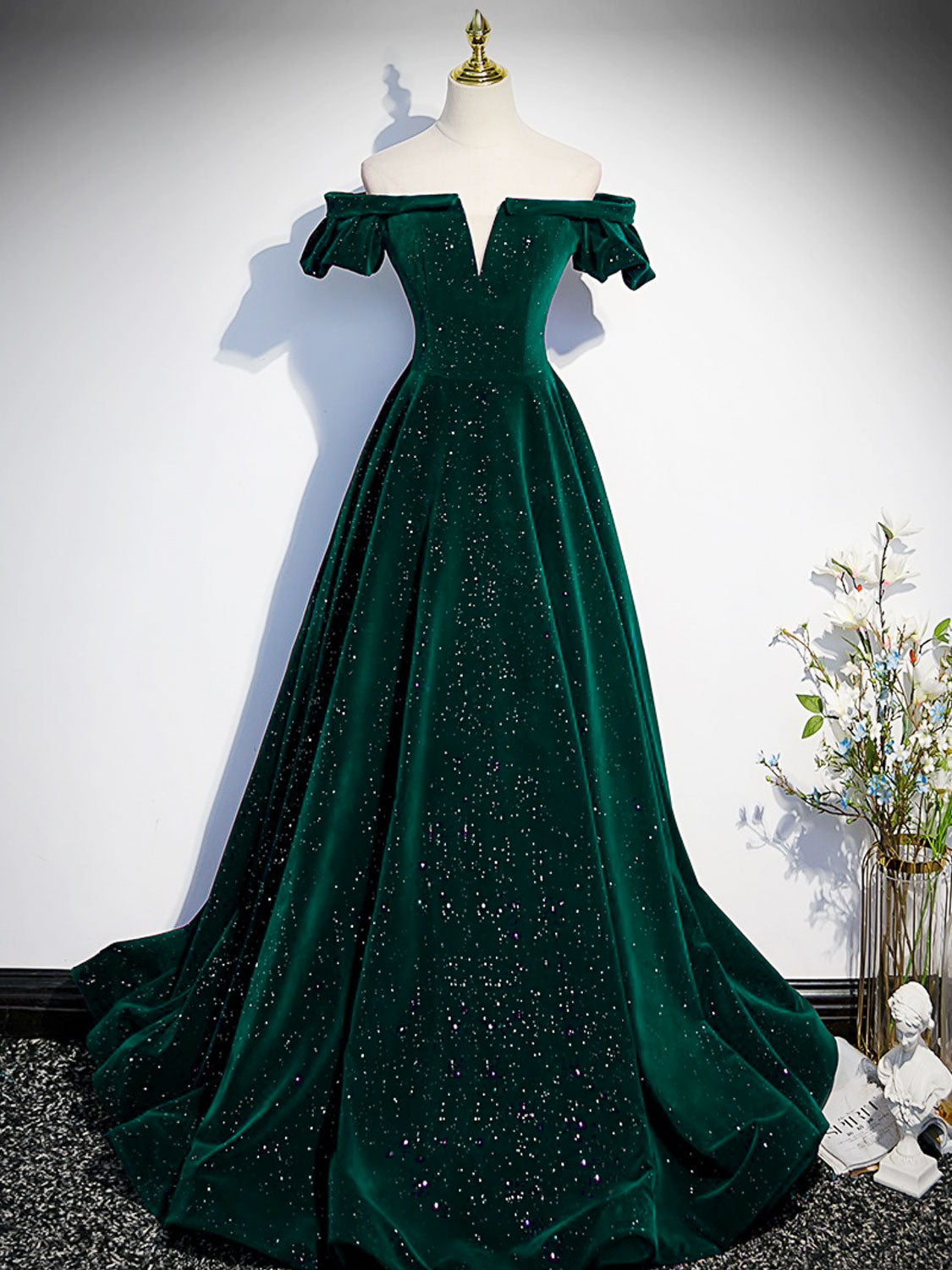 A-Line Off Shoulder Velvet Long Prom Dresses, Green Velvet Graduation Dress Custom Size / Burgundy