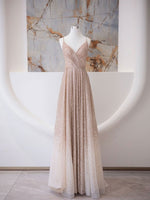 A Line V Neck Champagne Long Prom Dresses, Shiny Tulle Champagne Evening Dress