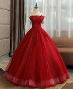 Burgundy tulle lace long prom gown, burgundy tulle lace formal dress