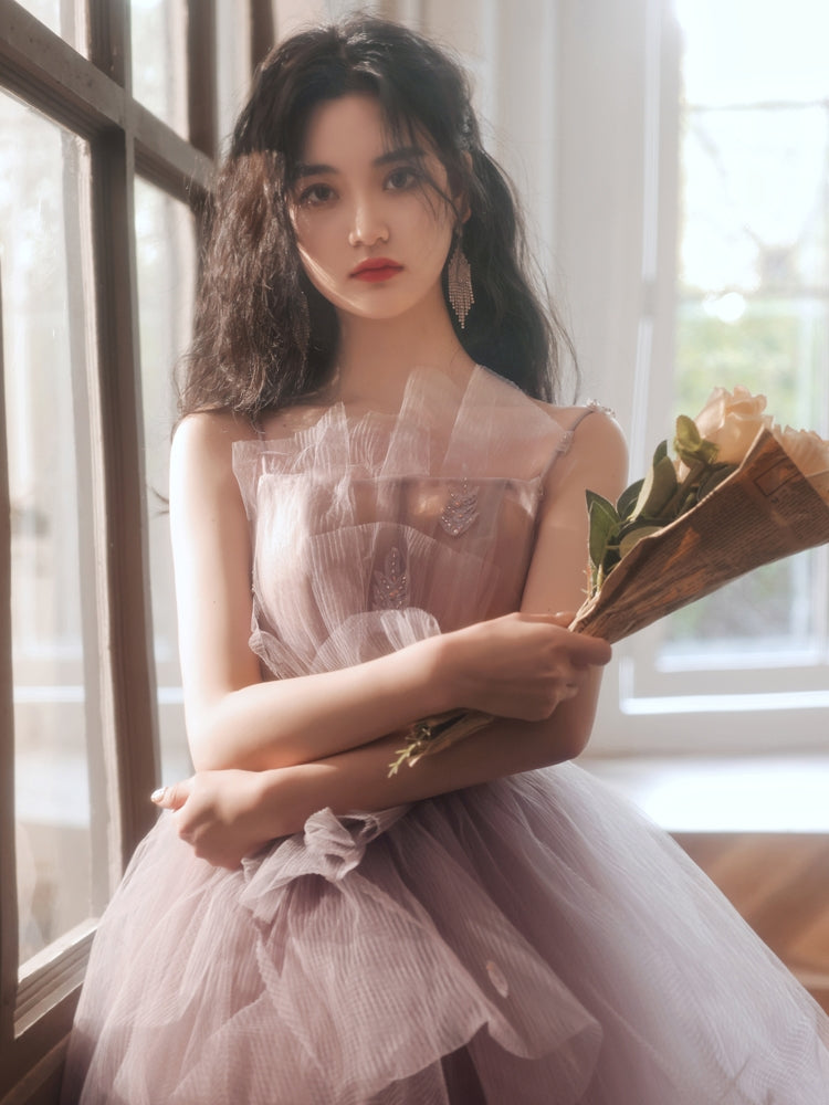 Pink Tulle Long Prom Dress, Pink Tulle Sweet 16 Dress