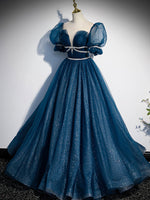 Blue Tulle Off Shoulder Long Prom Dress, Blue Tulle Formal Dress
