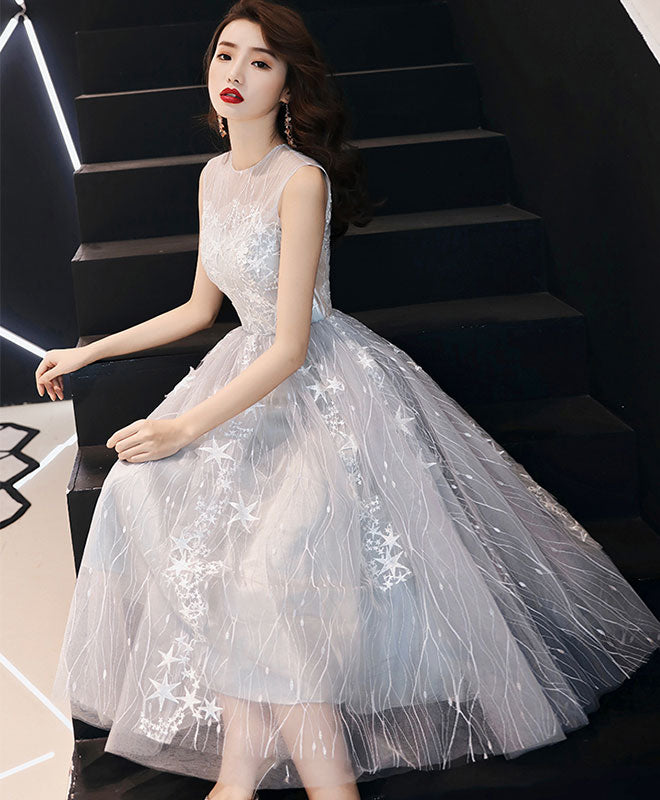 Gray Tulle Lace Short Prom Dress, Gray Homecoming Dress