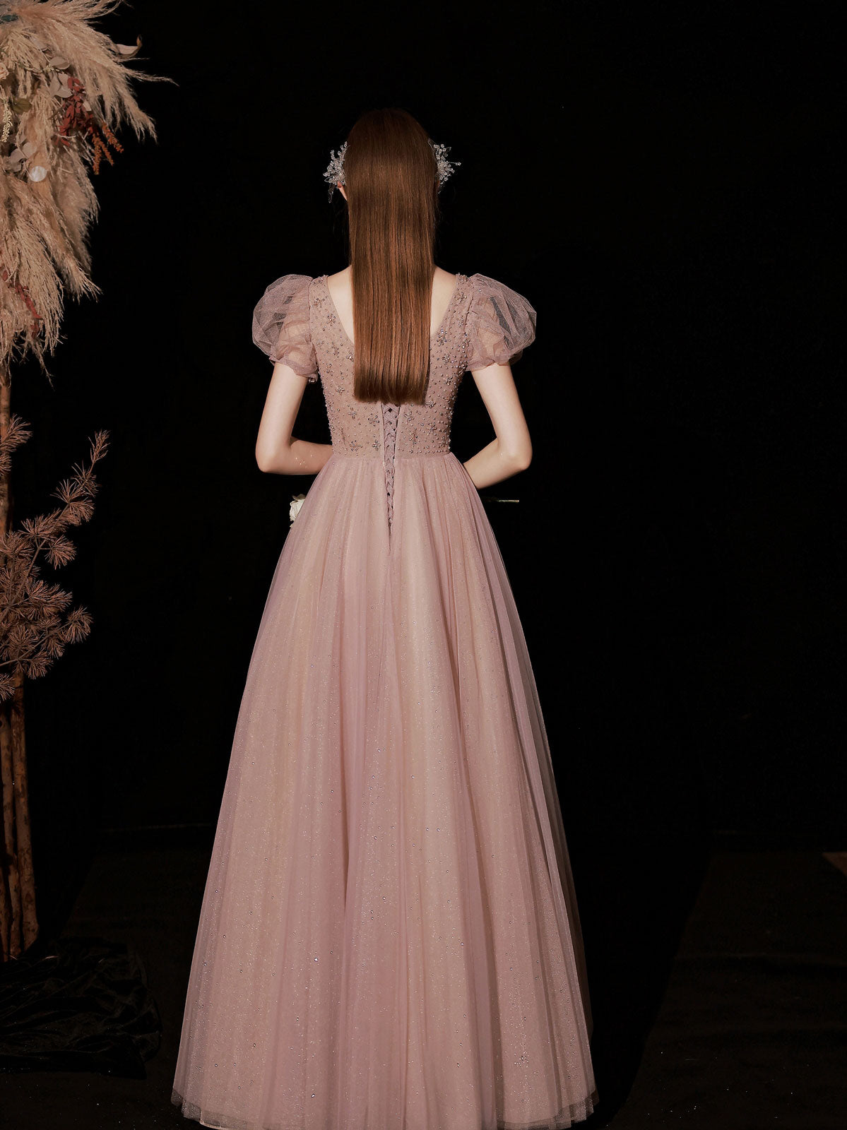 Pink A line Tulle Lace Long Prom Dress, Pink Tulle Formal Dresses