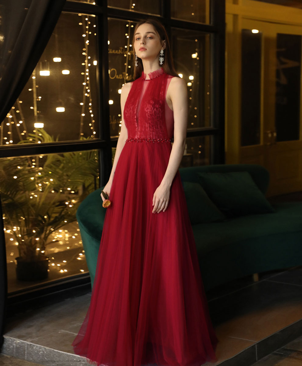 Burgundy High Neck Tulle Lace Long Prom Dress, Burgundy Formal Evening Dress