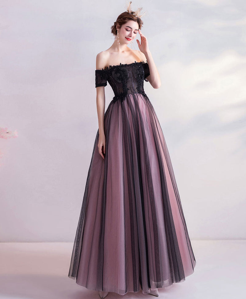 Purple Tulle Lace Off Shoulder Long Prom Dress, Purple Evening Dress