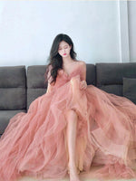 A line Pink Long Prom Dresses, Tulle Long Formal Graduation Dresses With Sequin Beading