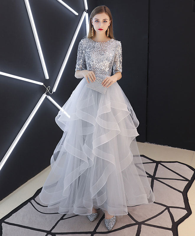 Gray Tulle Sequin Long Prom Dress, Gray Tulle Evening Dress