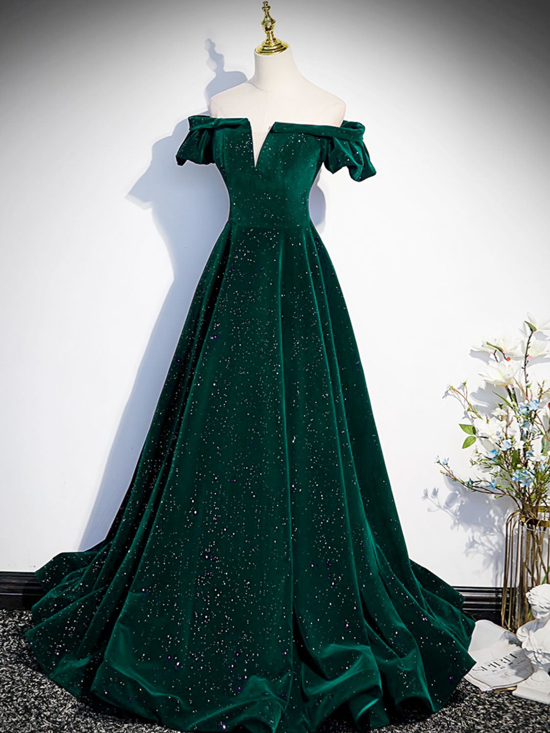 a line grad dresses Off the Shoulder Shiny Green Black Long Prom Dresses, Green Black Long Formal Evening Dresses, Custom Size / Custom Color / With Rush+$19.99 a line evening gowns with sleeves