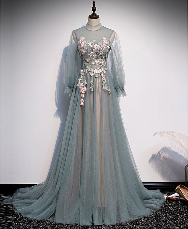 A-Line Tulle Lace Long Prom Dress Tulle Lace Formal Dress