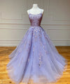 Purple Tulle Lace Long Prom Gown, Lace Tulle Purple Graduation Dresses