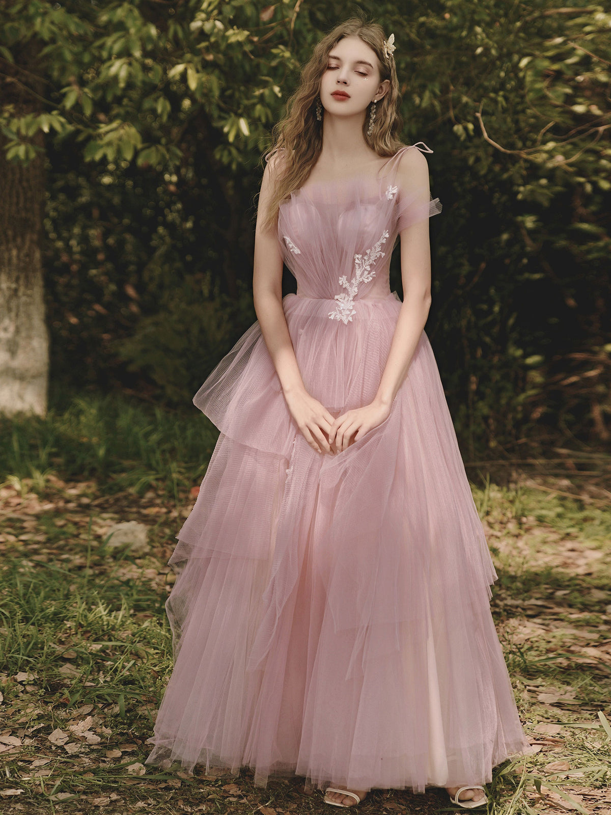 Pink Sweetheart Tulle Long Prom Dress, Pink Tulle Formal Dress