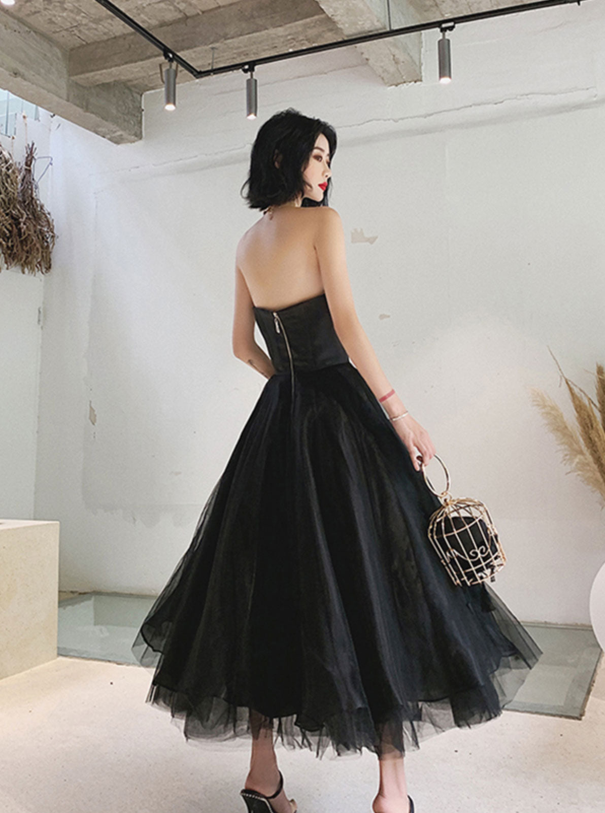 Simple Blue Tulle Tea Length Prom Dress, Tulle Homecoming Dresses