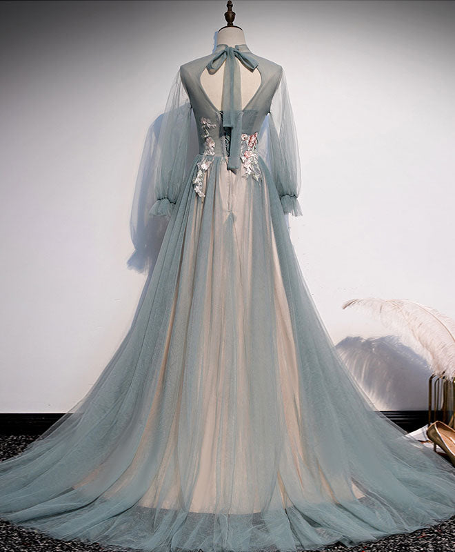 A-Line Tulle Lace Long Prom Dress Tulle Lace Formal Dress