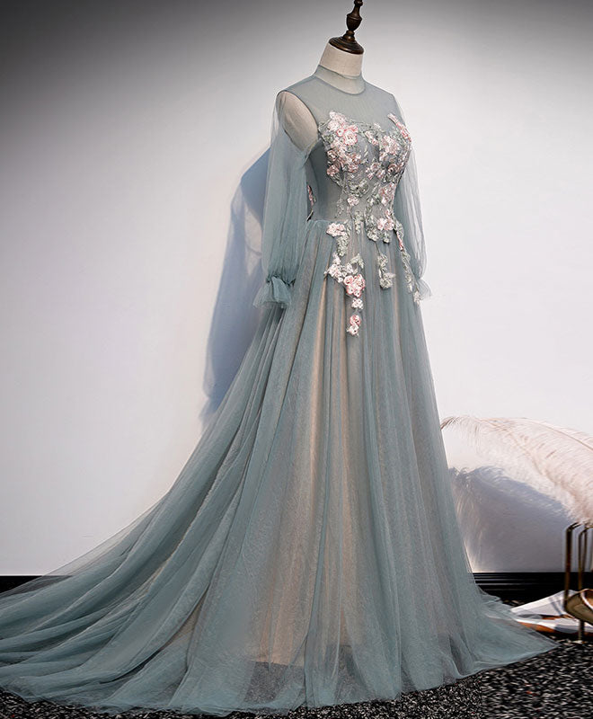 A-Line Tulle Lace Long Prom Dress Tulle Lace Formal Dress