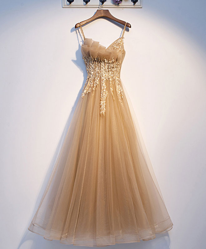 Champagne Tulle Lace Long Prom Dress Champagne Evening Dress