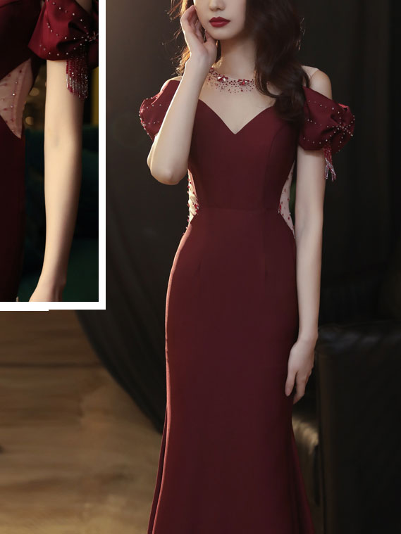 Burgundy Round Neck Satin Mermaid Long Prom Dress Burgundy Formal Dress