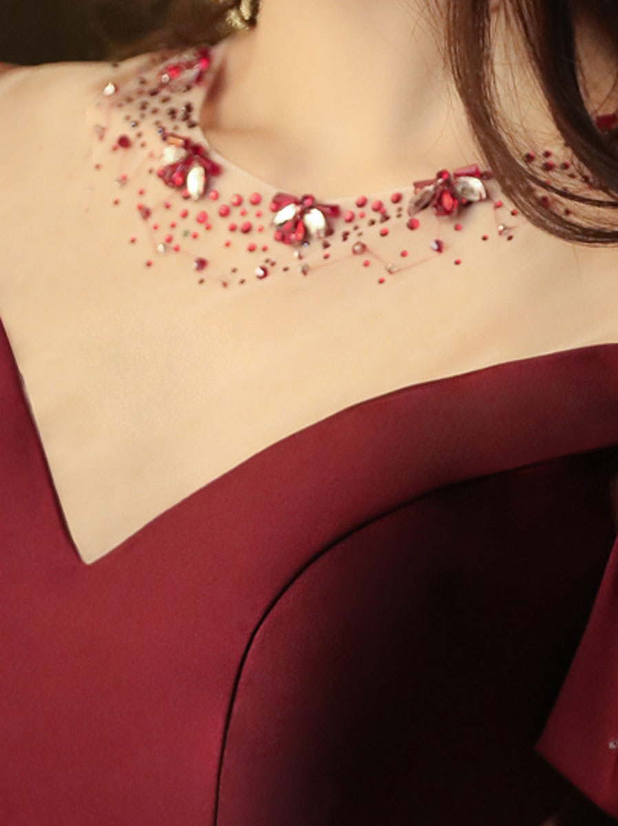 Burgundy Round Neck Satin Mermaid Long Prom Dress Burgundy Formal Dress