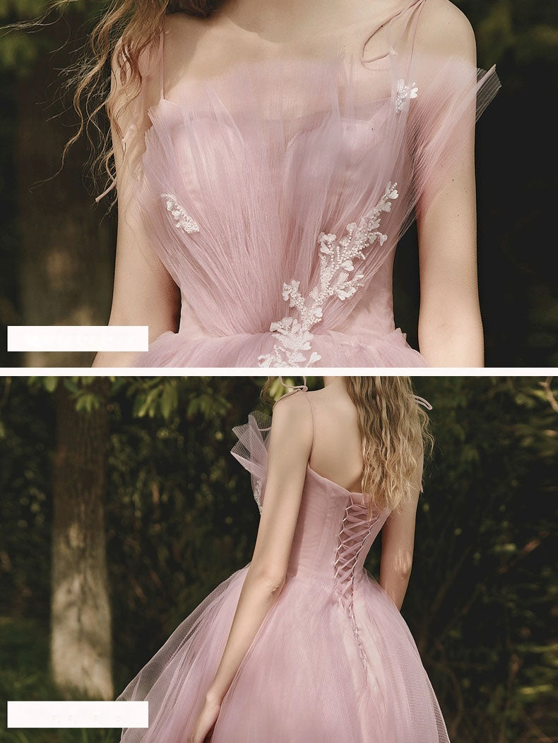 Pink Sweetheart Tulle Long Prom Dress, Pink Tulle Formal Dress