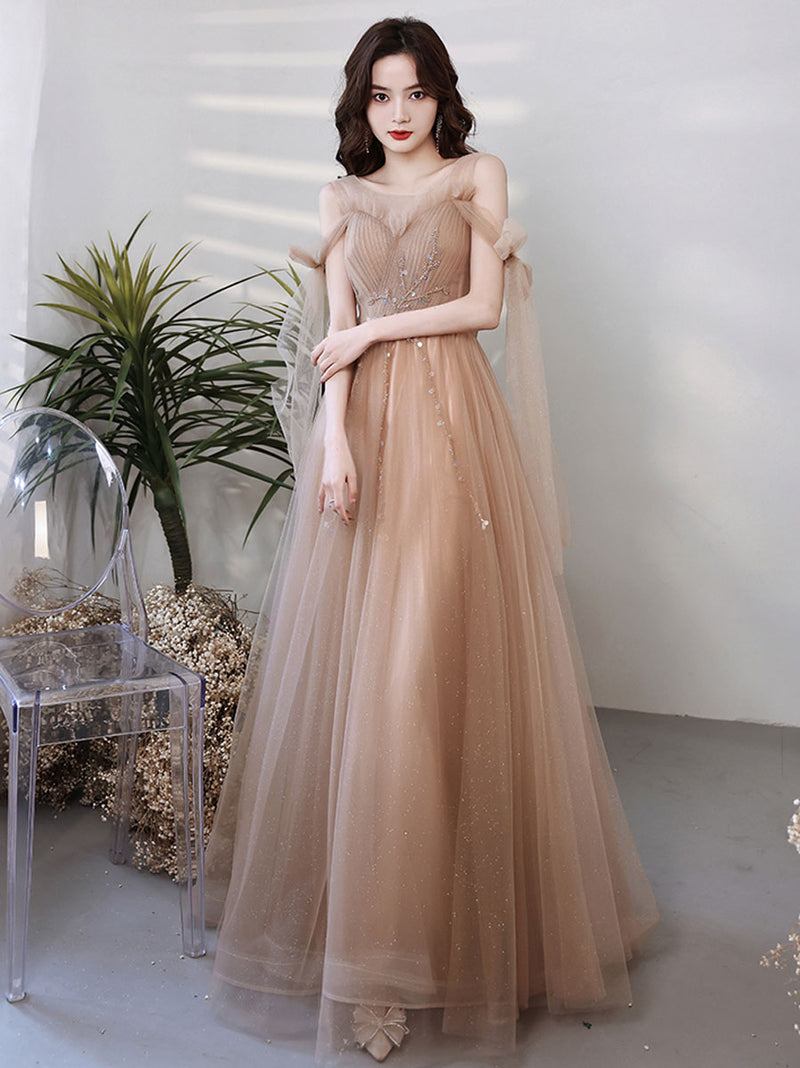 A line Tulle Beads Champagne Long Prom Dress, Champagne Graduation Dresses