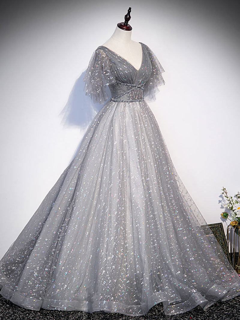 Gray V Neck Tulle Long Prom Dress, Gray Tulle Sequin Evening Dress