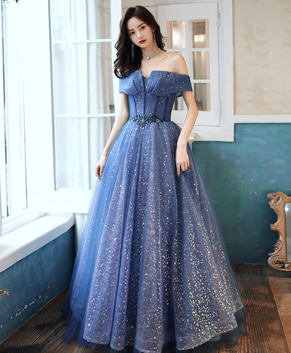 Blue Tulle Off Shoulder Long Prom Dress, Shiny Blue Formal Evening Dress US 16 / Custom Color Blue Tulle Off Shoulder Long Prom Dress, Shiny Blue Formal Evening Dress US 16 / Custom Color