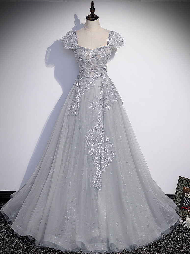 Gray Sweetheart Neck A line Lace Long Prom Dress, Gray Formal Dress – shopluu Gray Sweetheart Neck A line Lace Long Prom Dress, Gray Formal Dress – shopluu