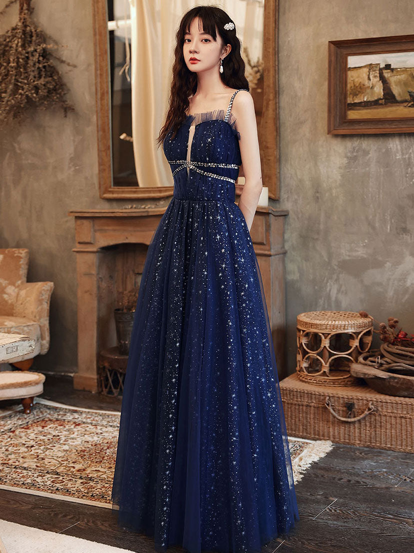Blue Tulle A line Sequin Long Prom Dress, Blue Tulle Formal Dress US 12 / Dark Blue