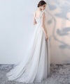 White Round Neck Tulle Lace Long Prom Dress White Formal Dress