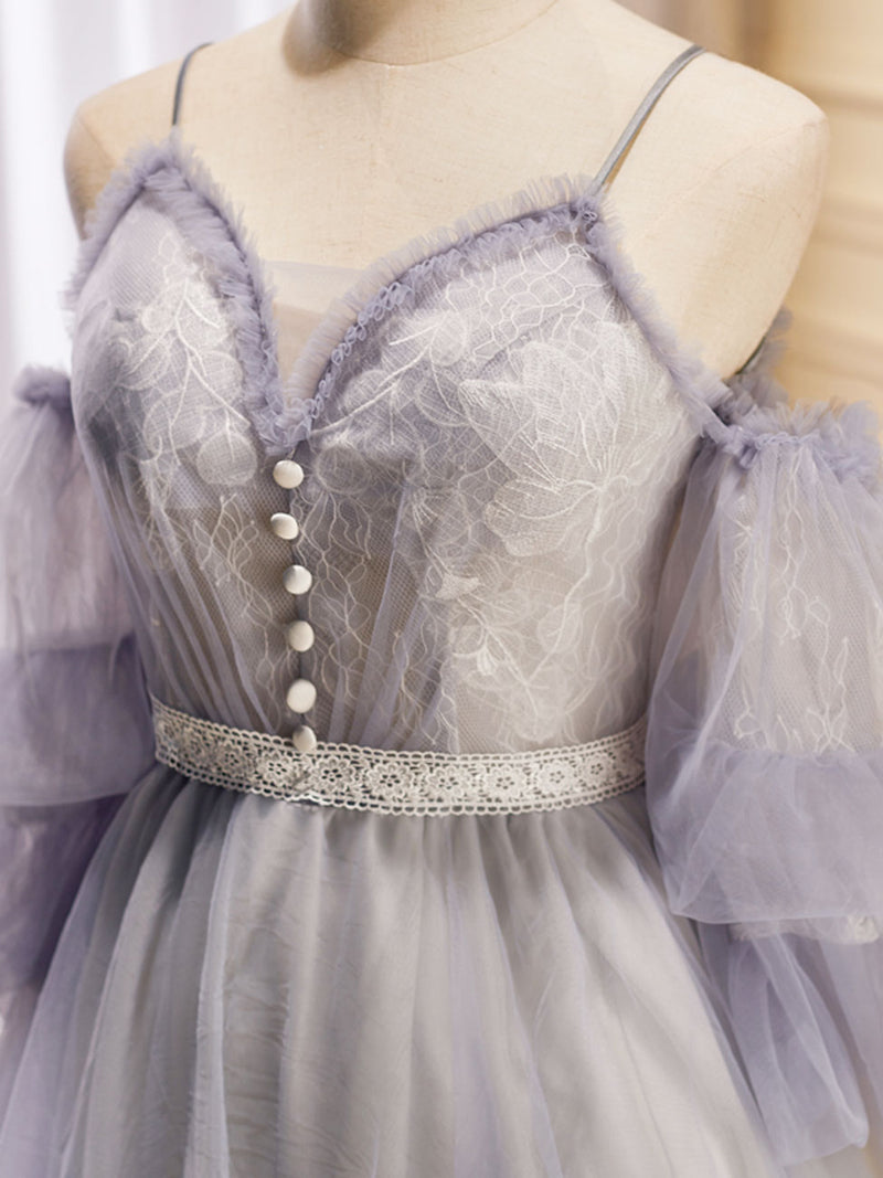 Light Purple A-Line Tulle Lace Short Prom Dresses, Light Purple Homecoming Dresses